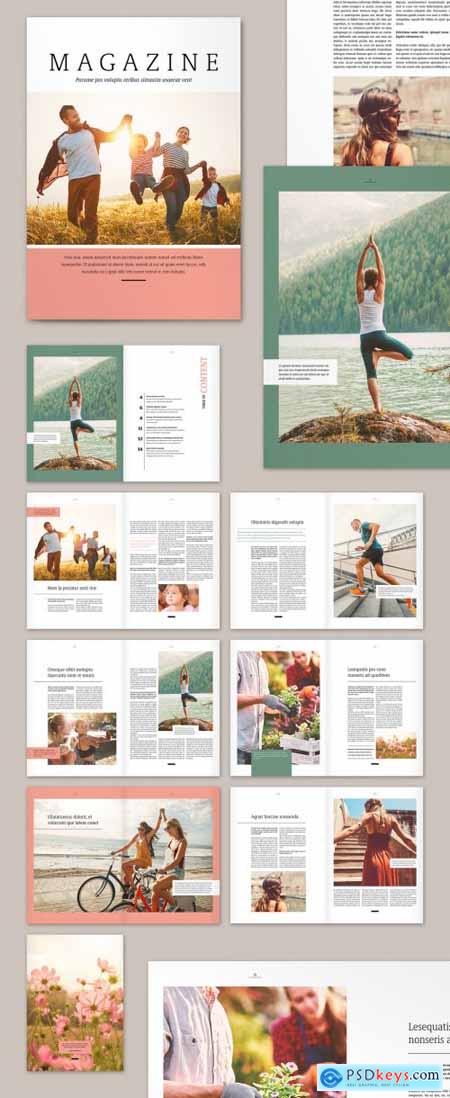 Magazine Layout with Pink and Green Elements 285531556
