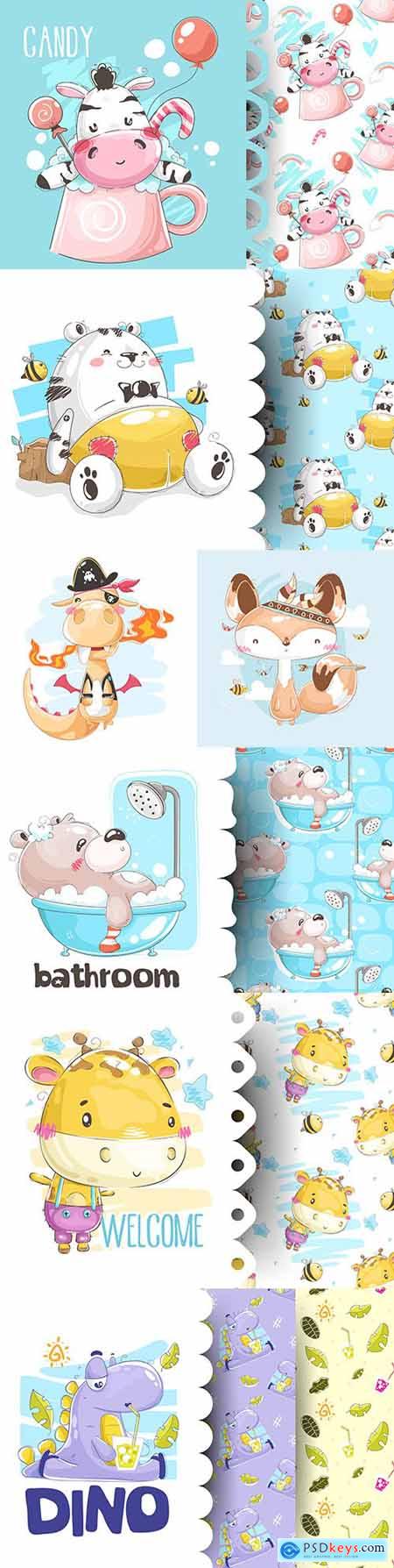 Cute cartoon animals and seamless background 18