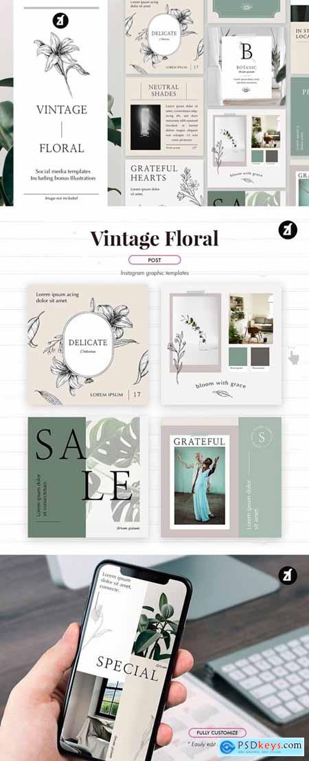 Vintage floral social media graphic templates