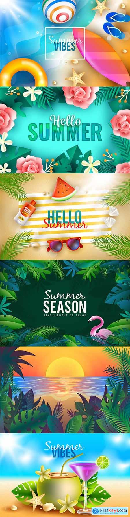 Summer background with cocktail on beach and tropical leaves