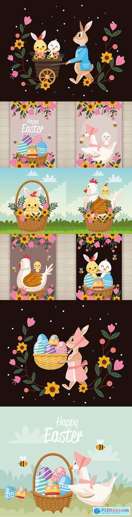 Easter postcard with duck and eggs in basket
