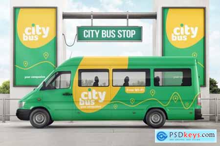City Bus On Bus Stop Branding Mockup
