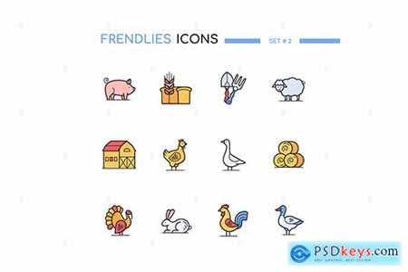 Farm animals and objects - line design style icons