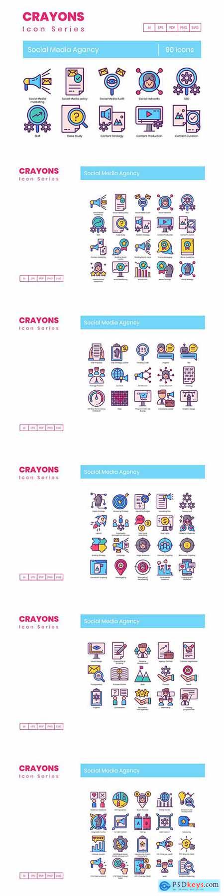 90 Social Media Agency Icons - Crayons Series