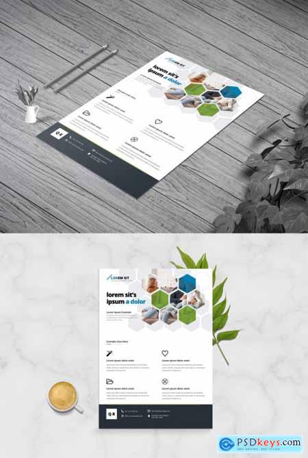 Hexagon Business Flyer Layout with Green Blue Accent 358116896