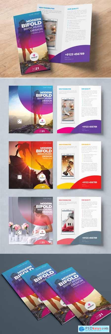 Purple, Pink and Blue Gradient Bifold Brochure Layout with Circles 357915953