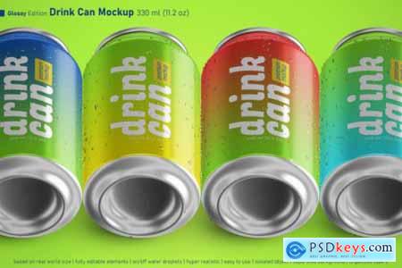 Editable realistic soda can 330ml premium mockup with water drops