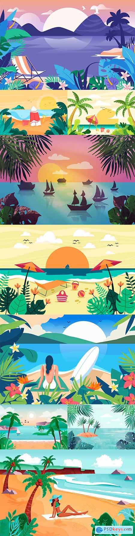 Summer landscape with beach and palm background design