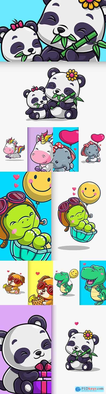 Cute Animals Mascot and Background Cartoon Character Illustration