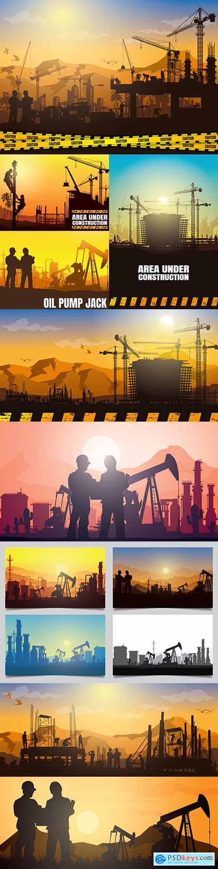 Oil rig and industry silhouettes background illustration