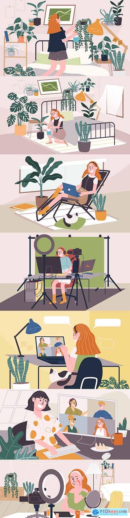 Young women home daily business flat illustration