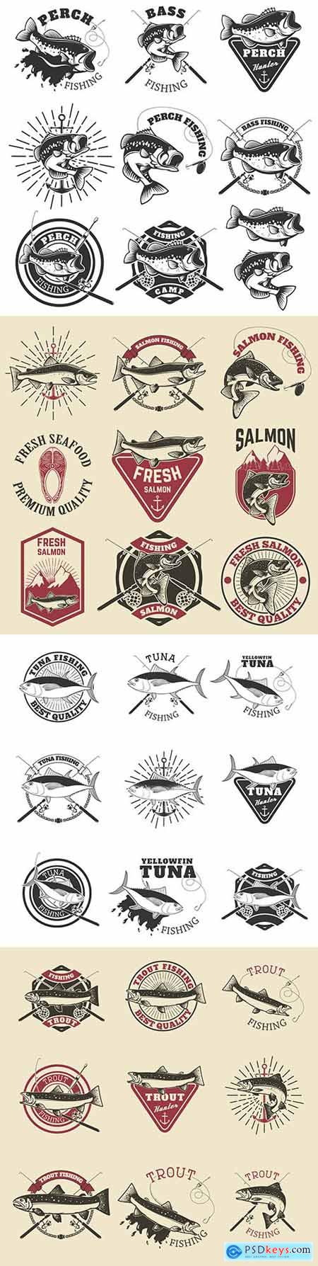 Tuna and salmon vintage emblem for fishing club