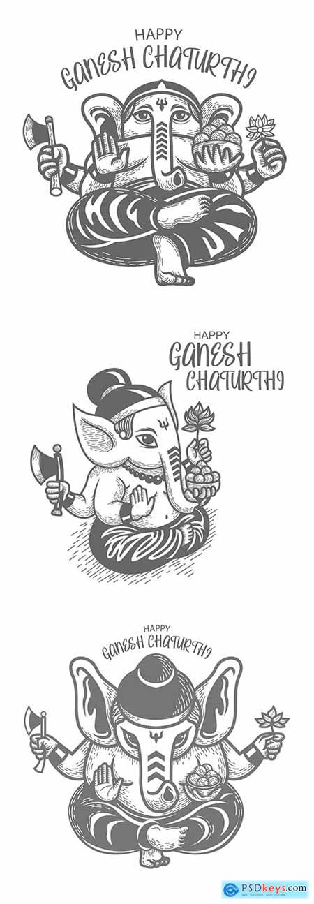 Ganesha Chaturthi black white hand drawing illustration
