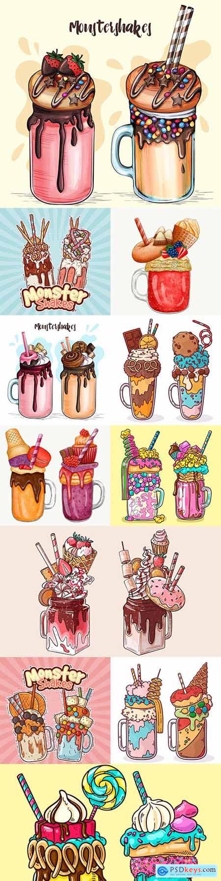 Tasty ice cream and monster shakes illustrations