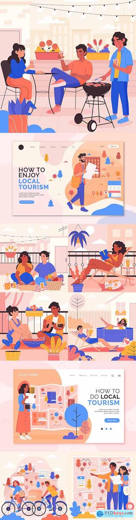 Different people on balcony, beach and walk illustration