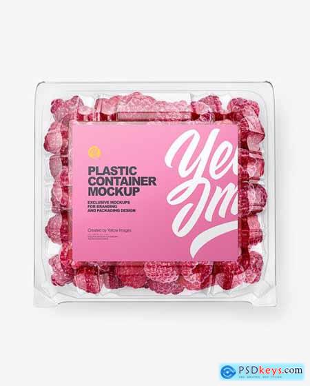 Clear Transparent Plastic Container with raspberries mockup top view 62936