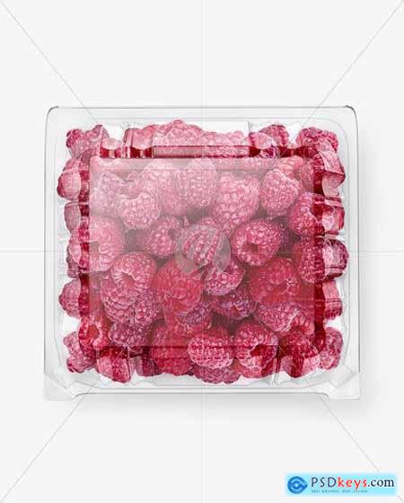 Clear Transparent Plastic Container with raspberries mockup top view 62936