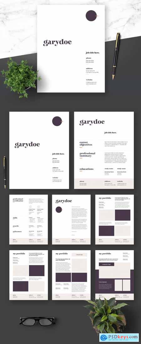 Resume Cover Letter and Portfolio Layout with Dark Pruple Elements 364521018