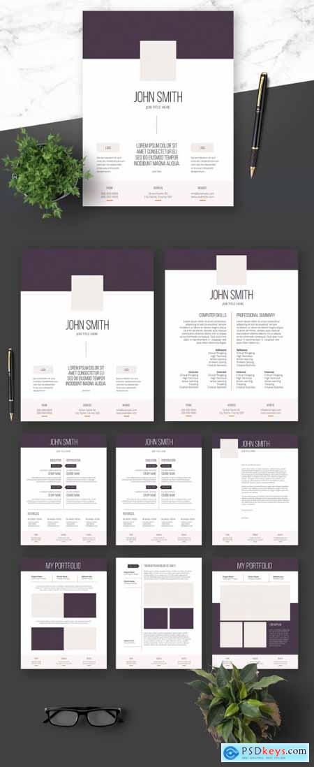 Resume Cover Letter and Portfolio Layout with Dark Pruple Elements 364521012
