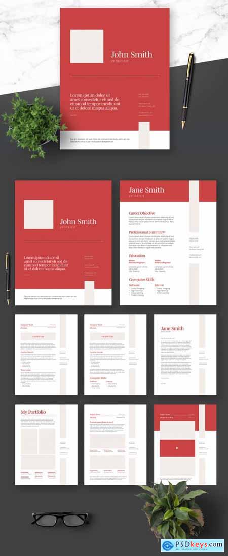 Resume Cover Letter and Portfolio Layout with Red Elements 364520988
