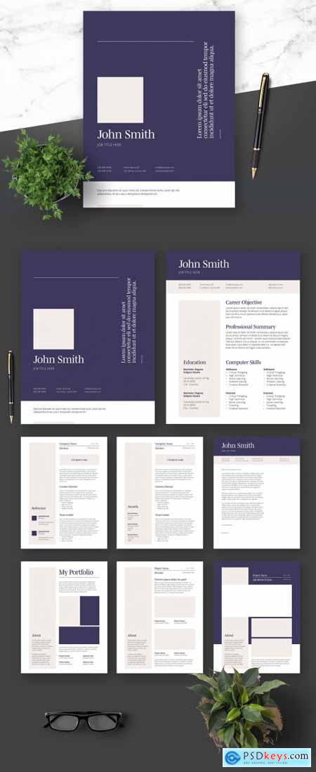 Resume Cover Letter and Portfolio Layout with Navy Blue Elements 364520994