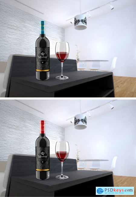 Wine Bottle and Glass Mockup with Room Scene 364552193