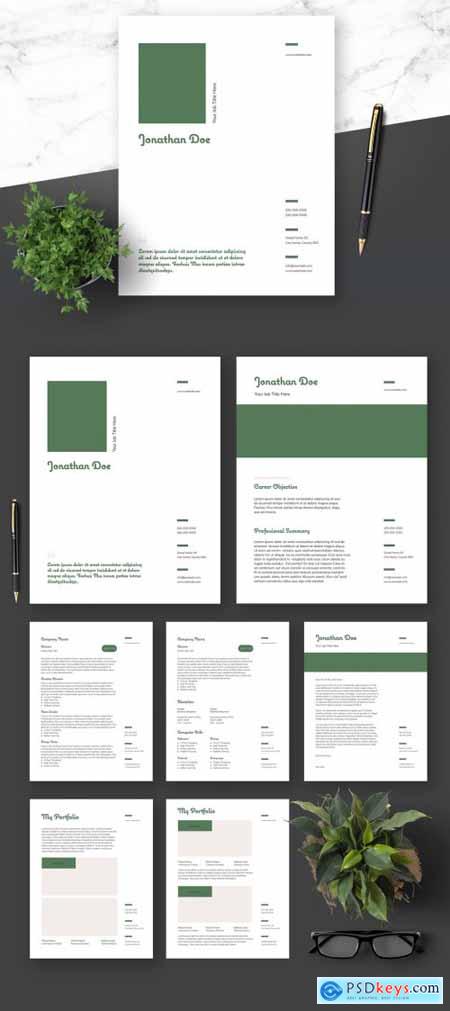 Resume Cover Letter and Portfolio Layout with Green Elements 364520961
