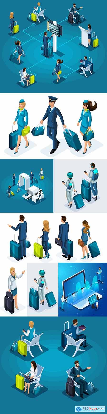 Girl and man at airport with suitcases isometric illustrations
