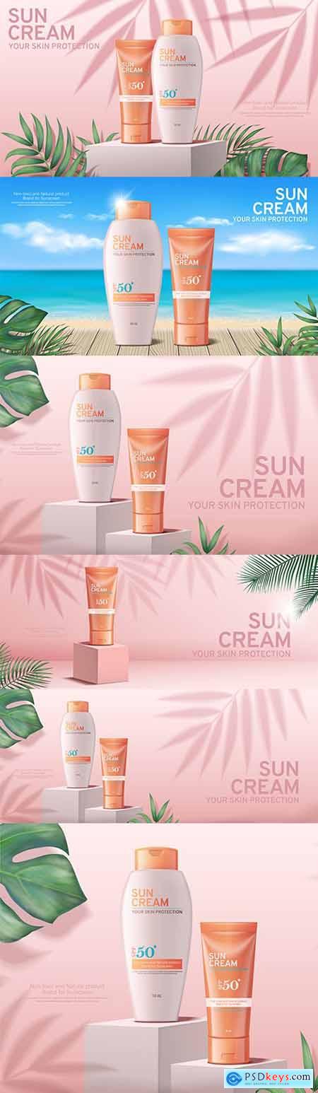 Advertising banners with suntan cream with tropical leaves