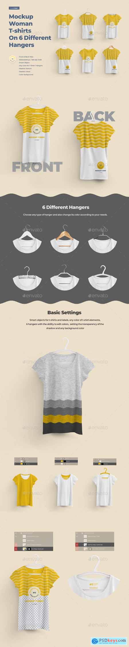 2 Mockups Woman T-shirts On 6 Different Hangers 27659659