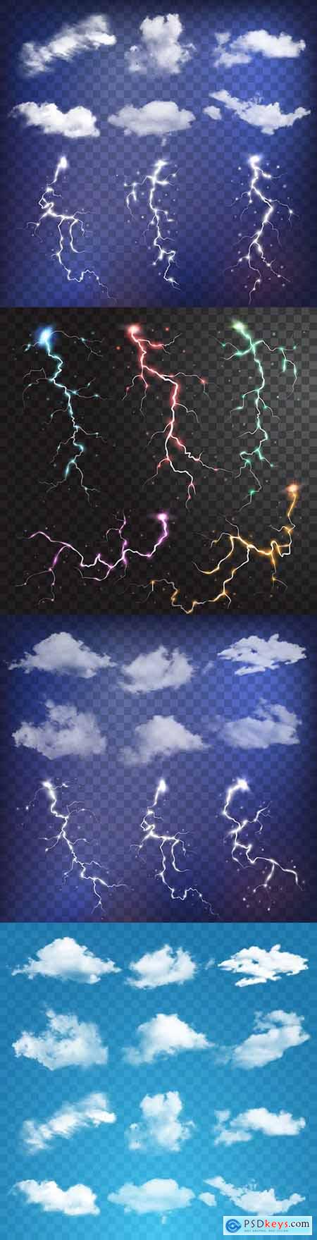 Clouds and realistic lightning flash elements and sparks