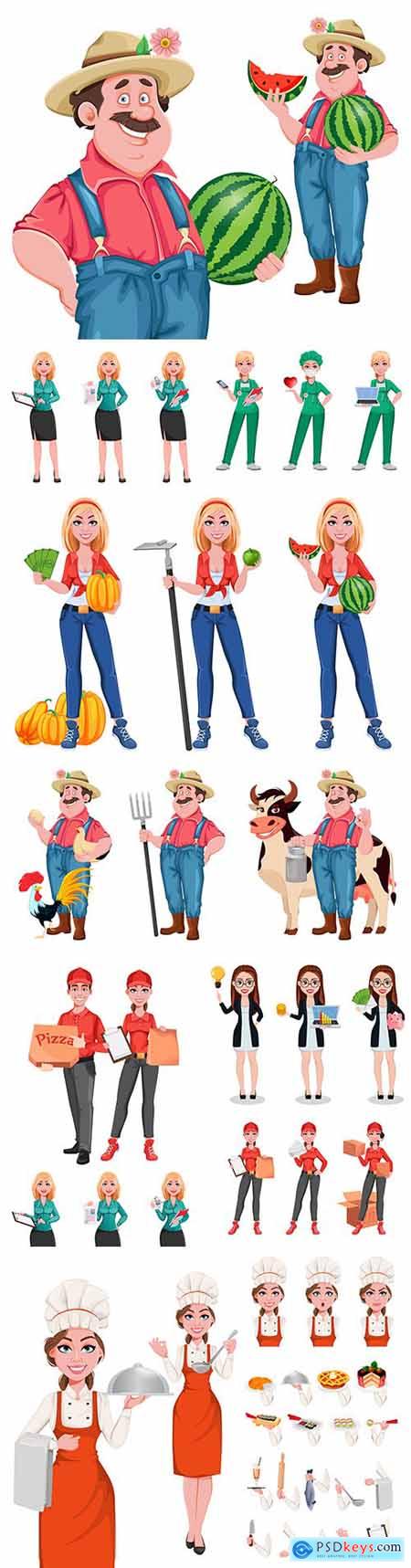 Business woman and man cartoon character of different professions