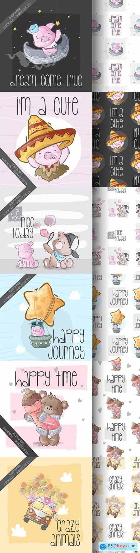 Cute cartoon animals and seamless background 21