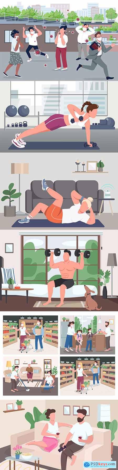 Fitness and home training in quarantine cartoon illustration