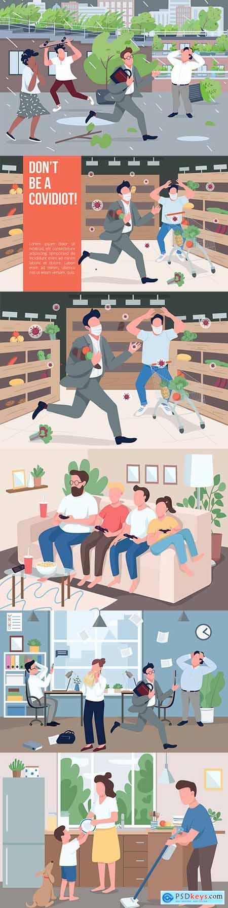 People in different situations at home and on walk illustration