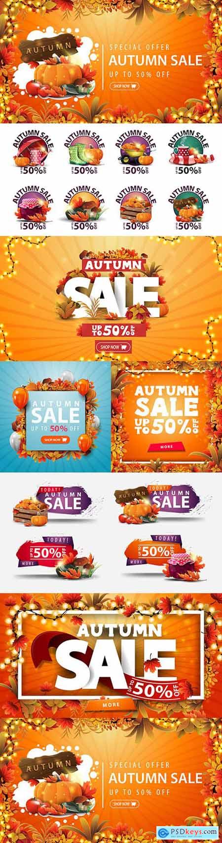Autumn sale banner leaves around and from bright garland