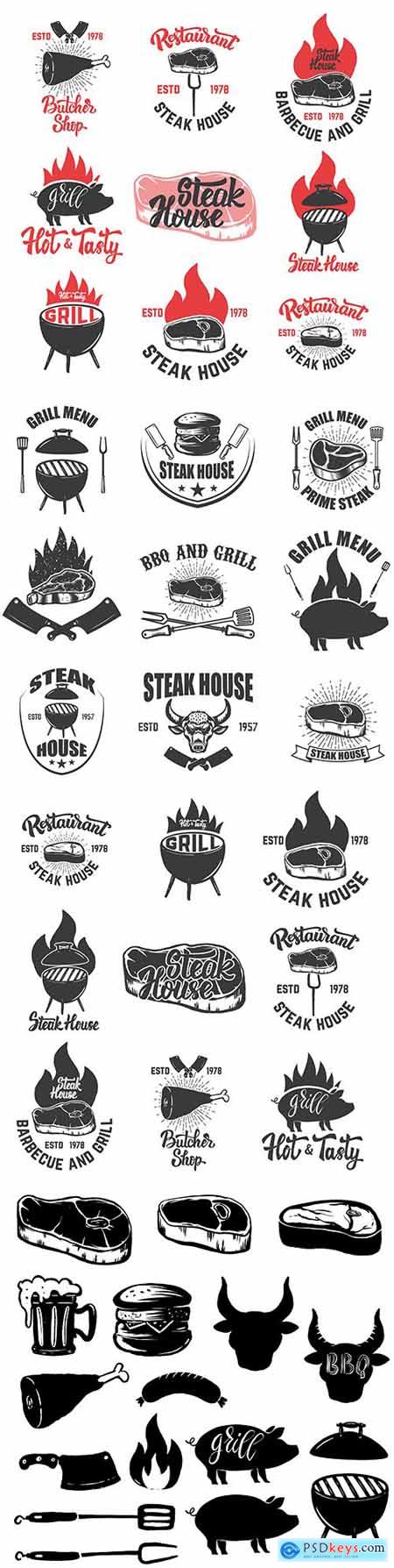 Steakhouse and grilled meat set label and emblem illustration