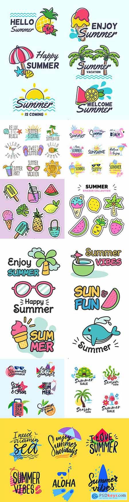 Hello summer colorful painted collection icons and inscriptions