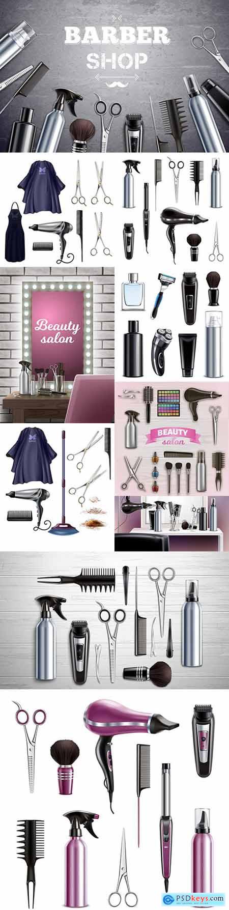 Hairdressing tools for hair styling and shaving realistic illustrations