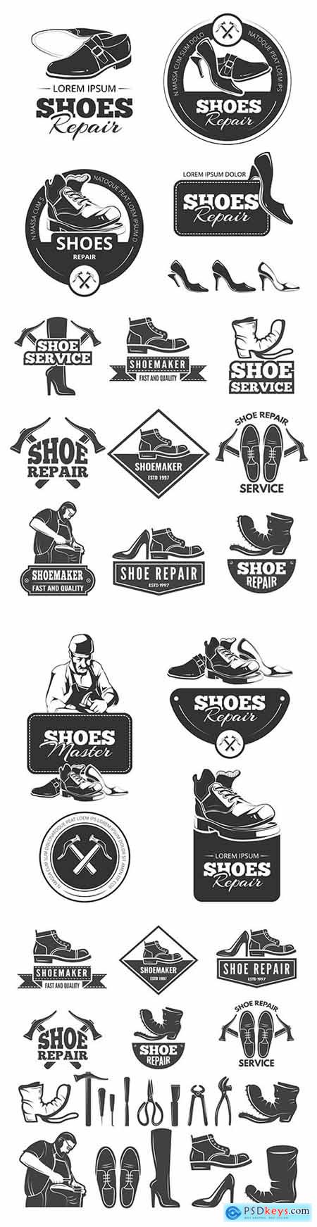 Shoe repair old monochrome labels and logos