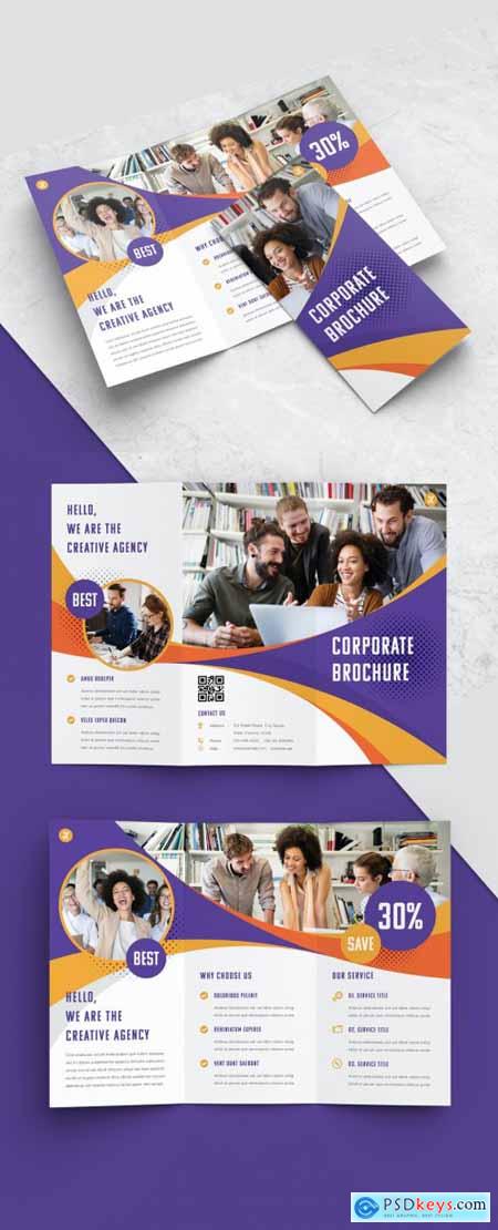 Trifold Business Brochure Layout with Purple and Yellow Accents 366136099