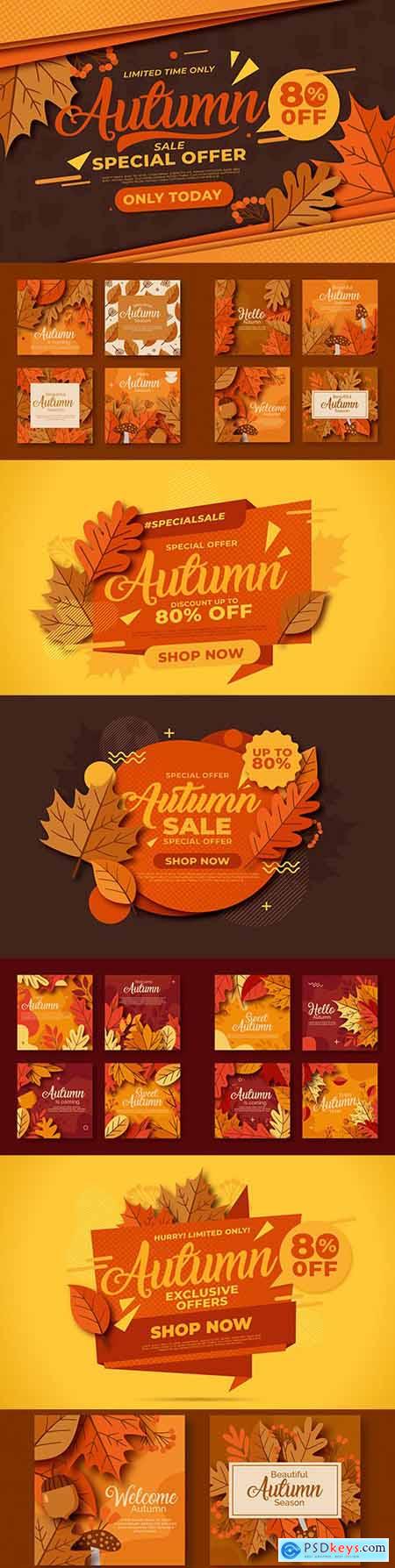 Vintage autumn sale and collection of cards with bright leaves