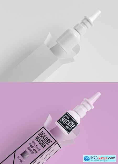 Medical Packaging Mockup with Nasal Spray Bottle and Cardboard Box