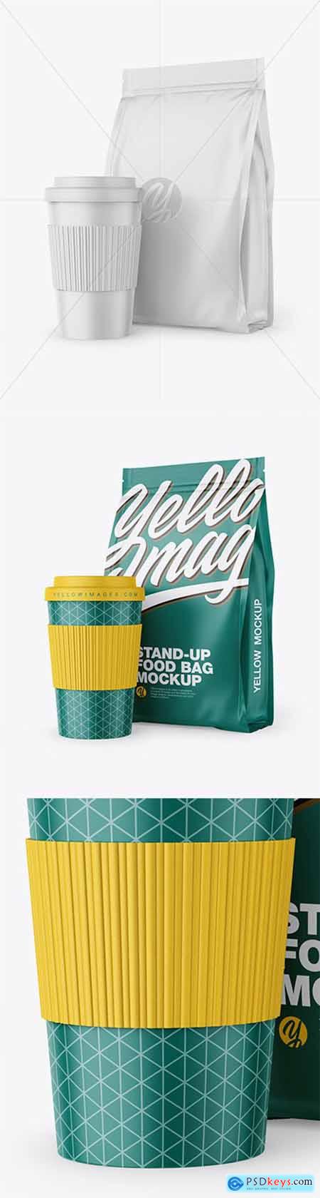 Matte Stand-Up Bag with Coffee Cup Mockup 64586