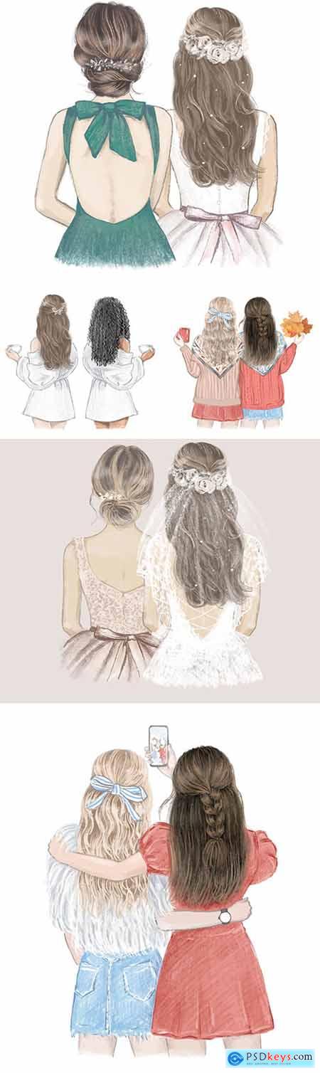 Girls with a beautiful hairstyle turned back illustration