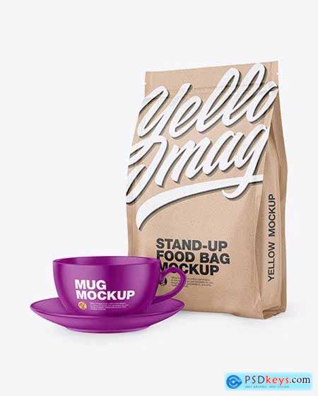 Kraft Stand-Up Bag with Matte Coffee Mug Mockup 65800