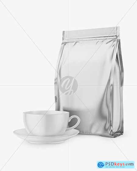 Metallic Stand-Up Bag with Matte Coffee Mug Mockup 65859