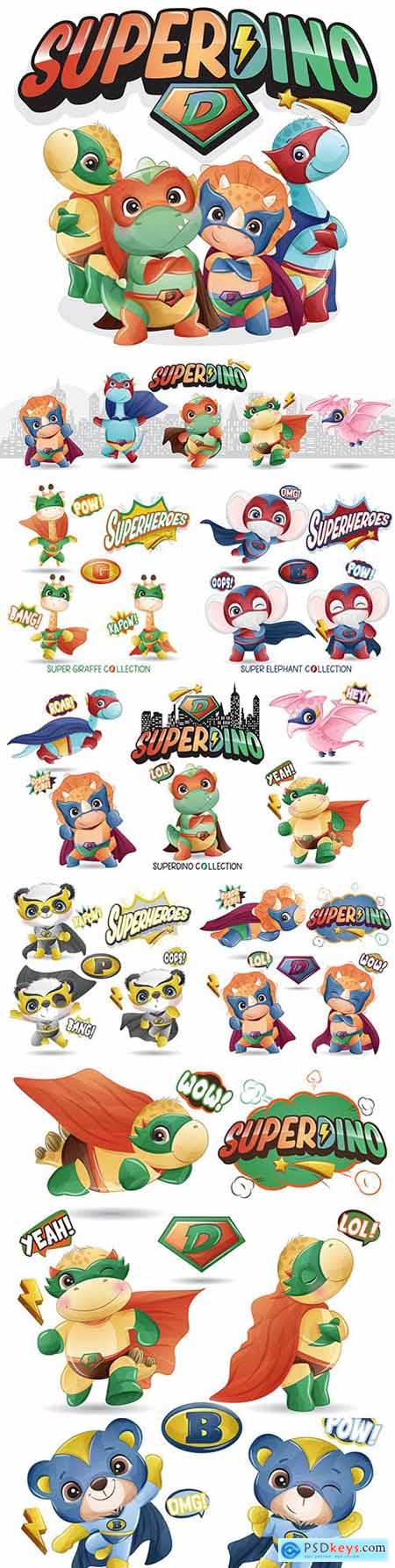 Super dinosaur and other heroes funny cartoon illustration
