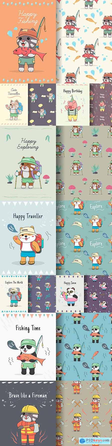Cute and funny animals with seamless design pattern