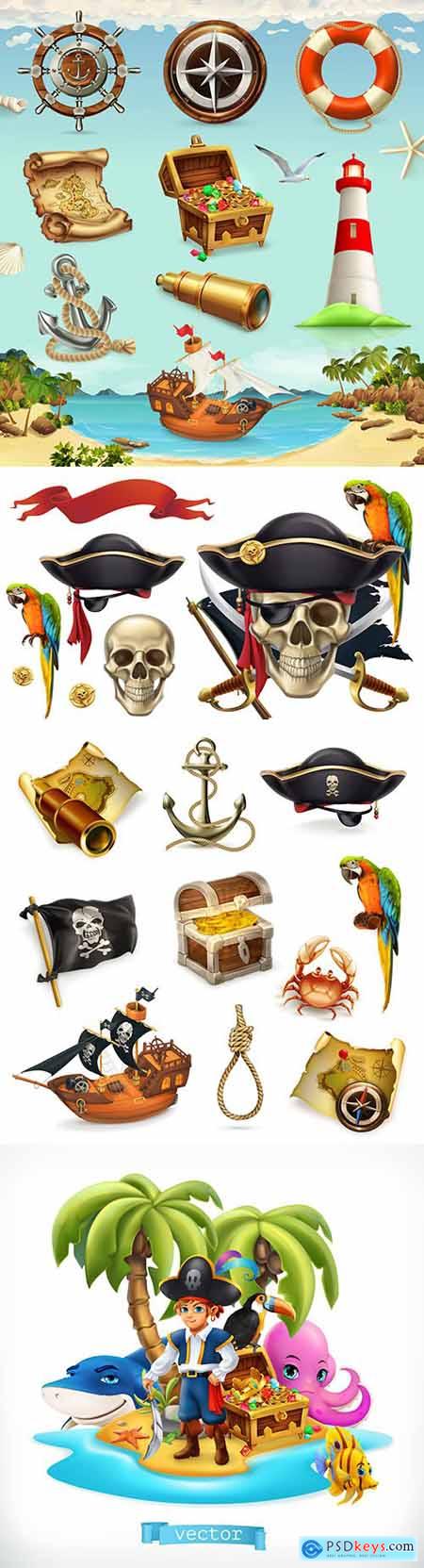 Sea adventure and pirate set vintage items 3d illustration